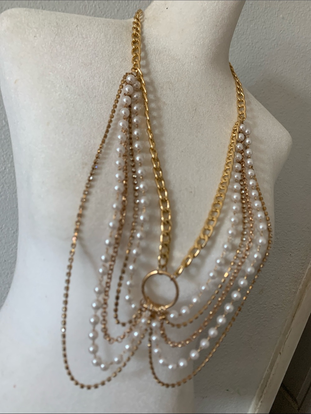 Hand Crafted Gold and White Multi-Strand Pearl Draped Necklace - Picture 3 of 4
